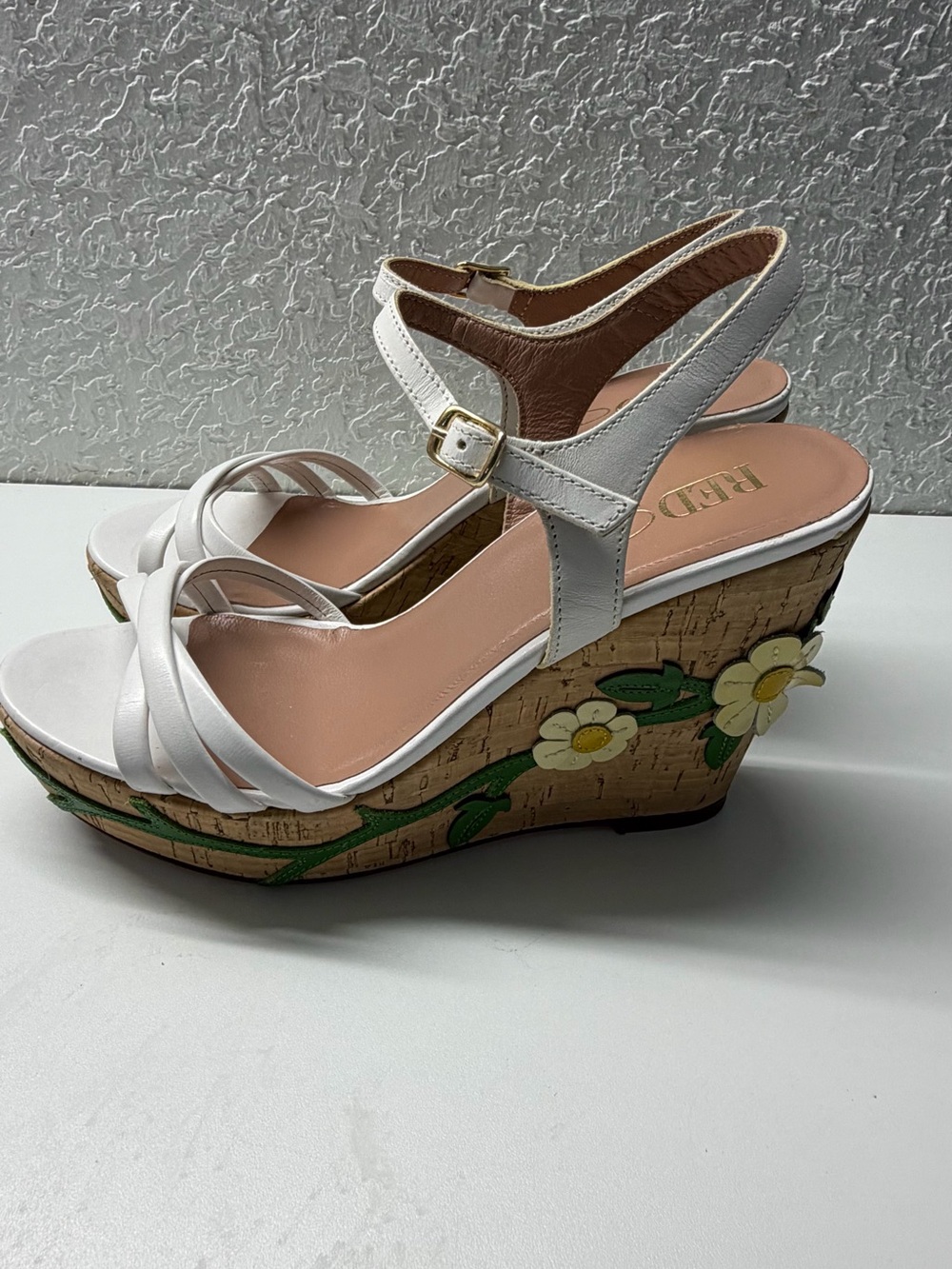 Red White Floral Cork Wedge Sandals by RED VALENTINO